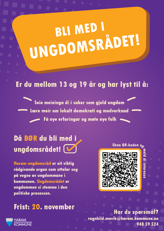 Fargerik plakat oom at ungdomsrådet søker nye medlemmer - Klikk for stort bilete